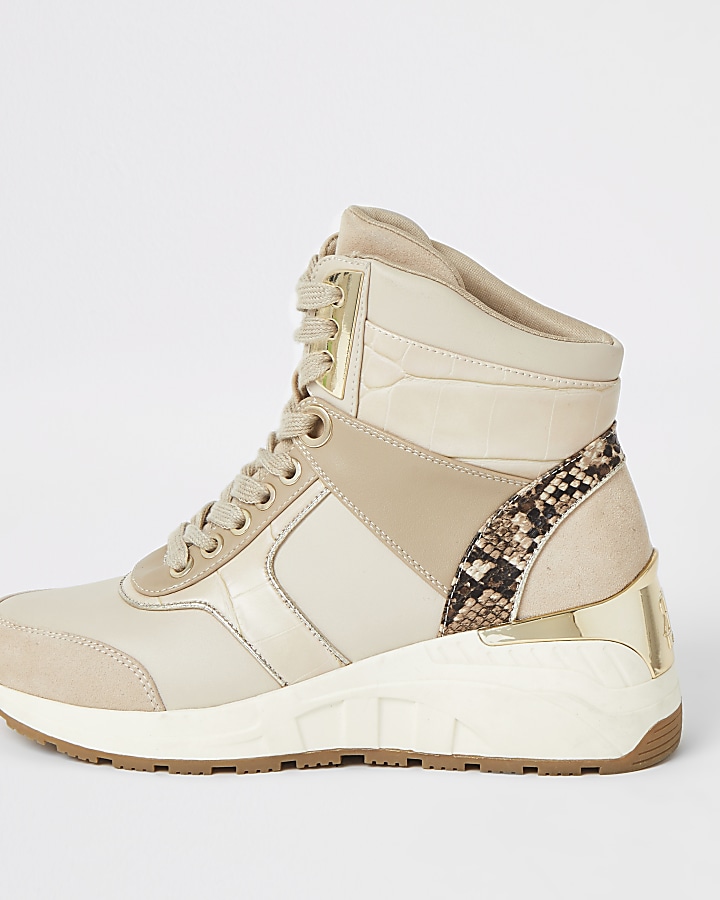 Beige high top lace-up wedge trainers