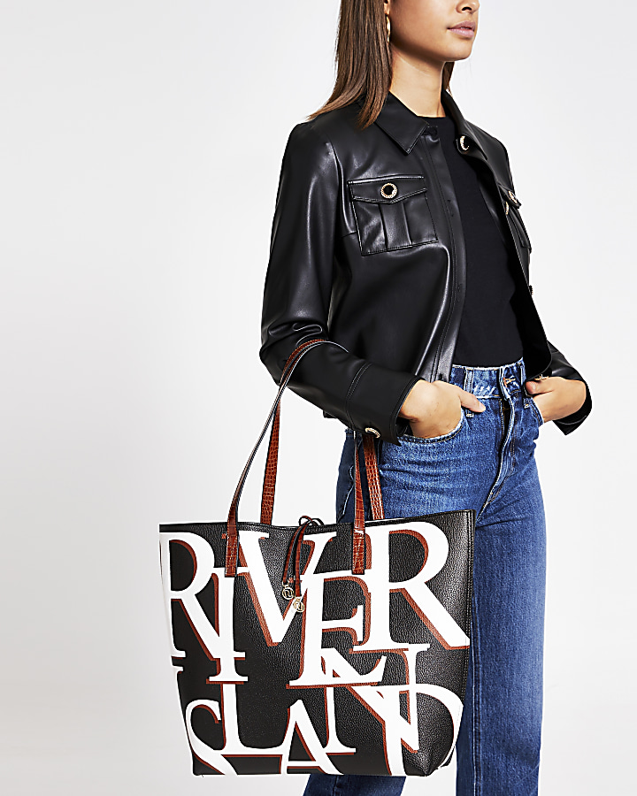 Black 'River' printed shopper tote bag