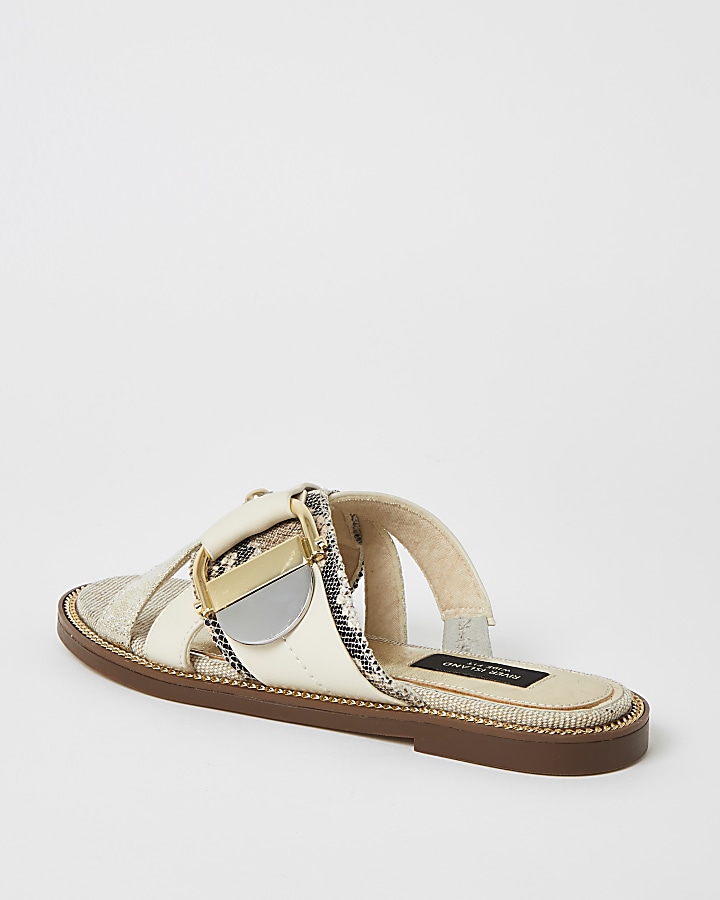 Cream buckle studded strap wide fit sandals