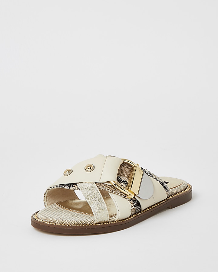 Cream buckle studded strap wide fit sandals