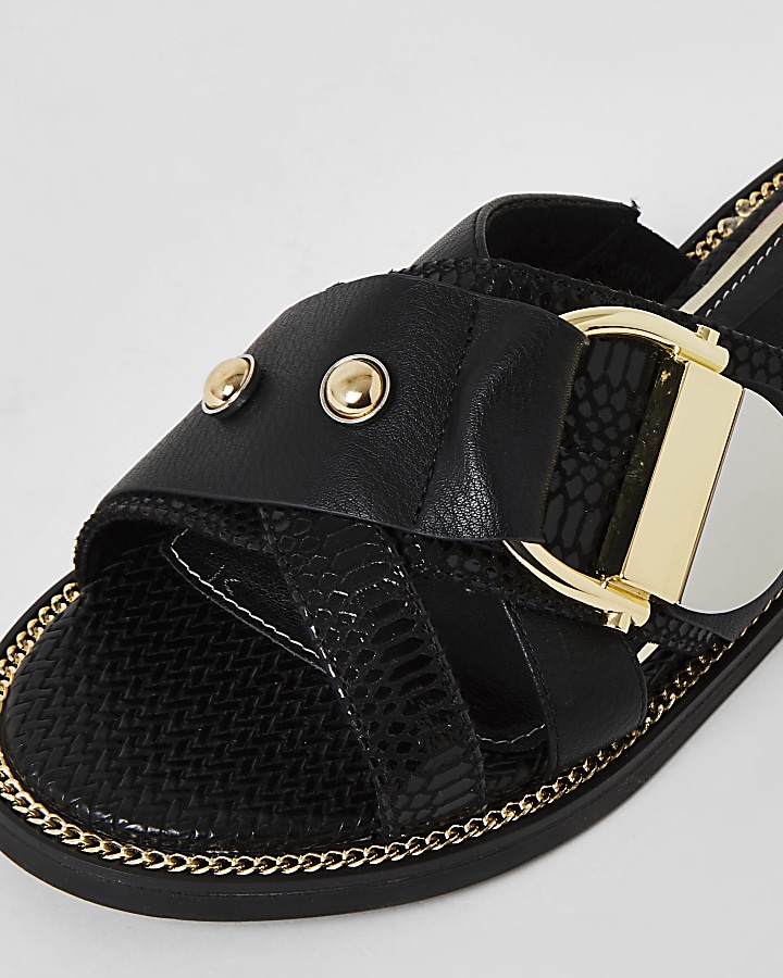 Black buckle studded strap wide fit sandals