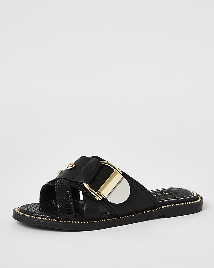 Black buckle studded strap wide fit sandals