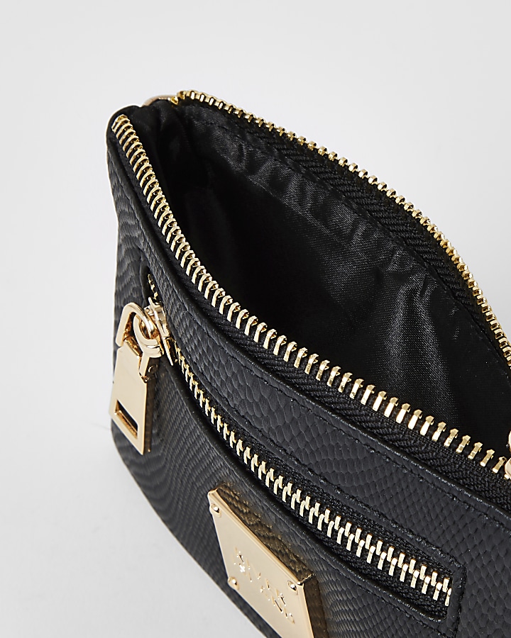 Black textured mini zip pouch