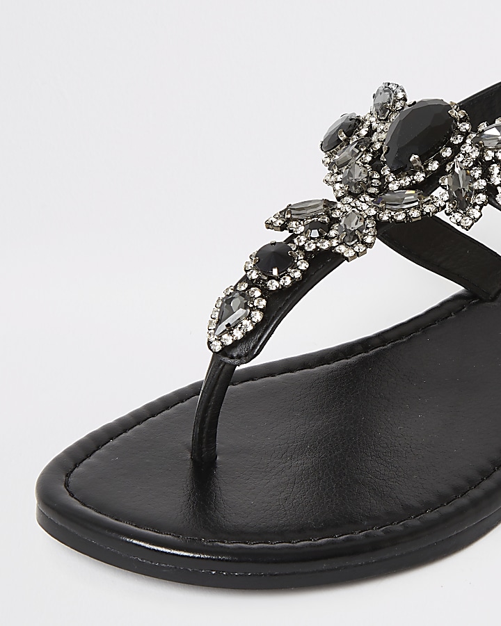 Black embellished wide fit toe thong sandals