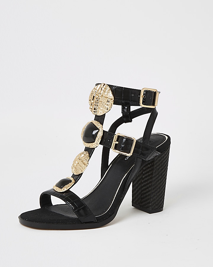 Black embellish gladiator block heel sandals