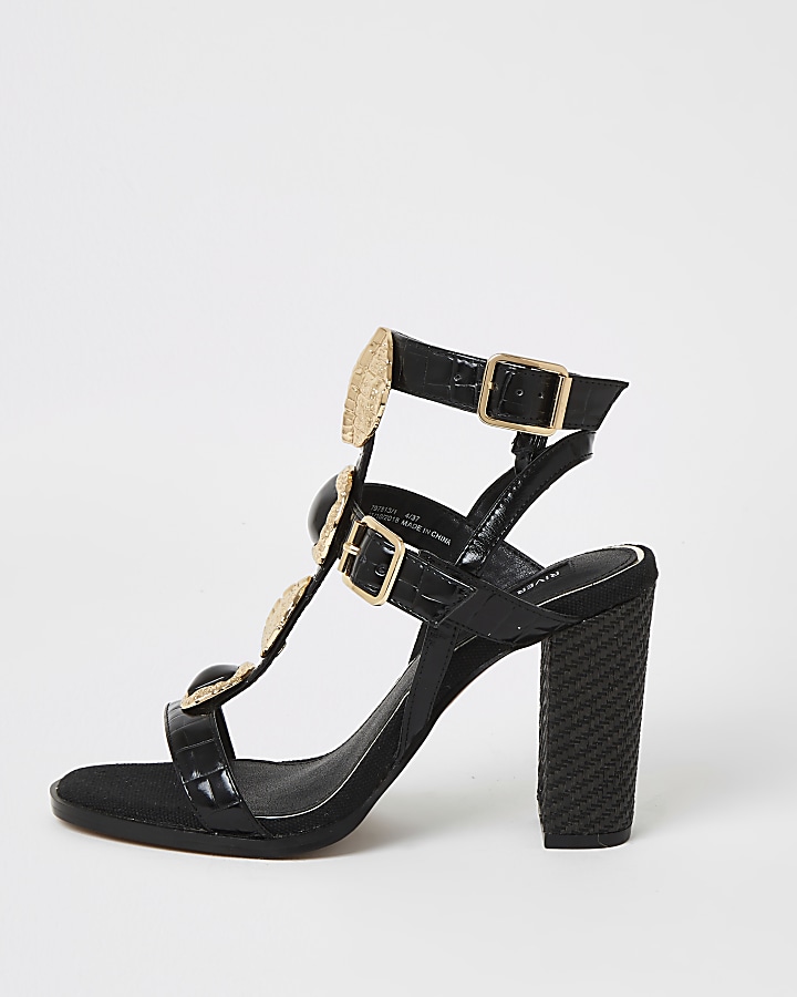Black embellish gladiator block heel sandals