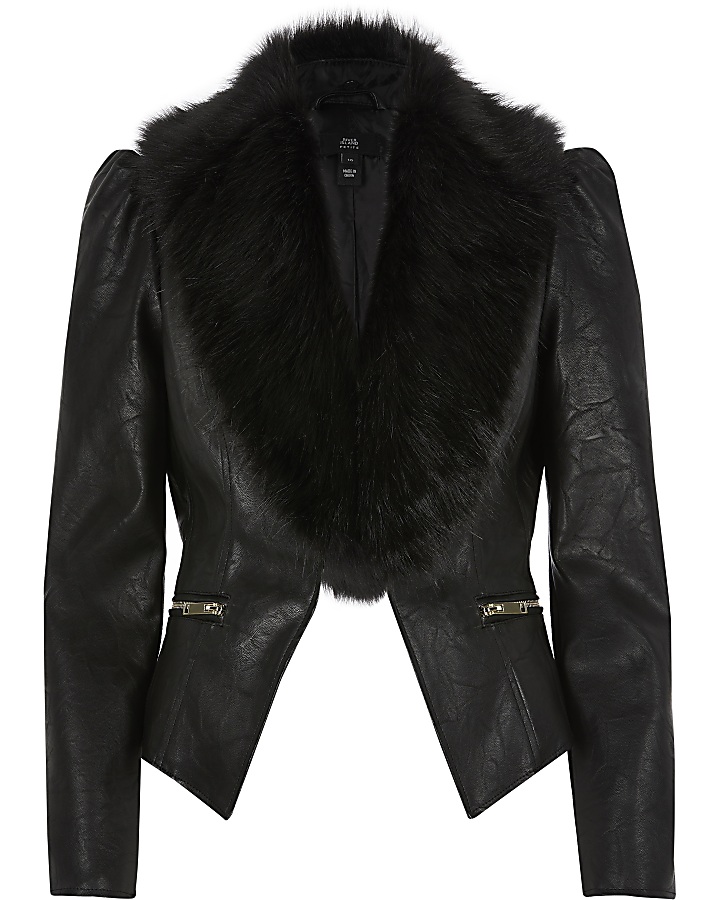 Petite black faux fur puff sleeve jacket