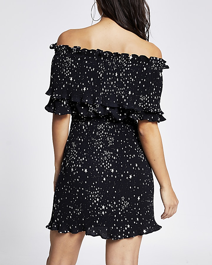 Petite black star print pleated bardot dress