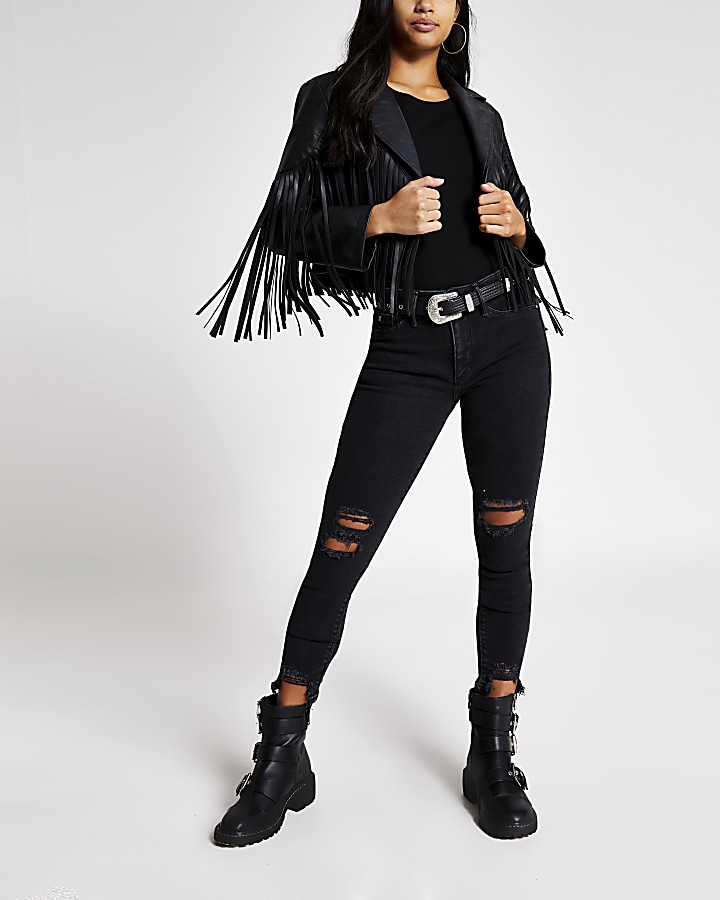Petite black ripped Molly mid rise jeans