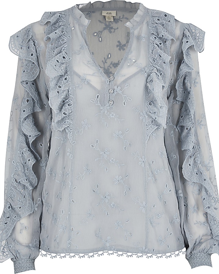 Blue broderie frill long sleeve blouse