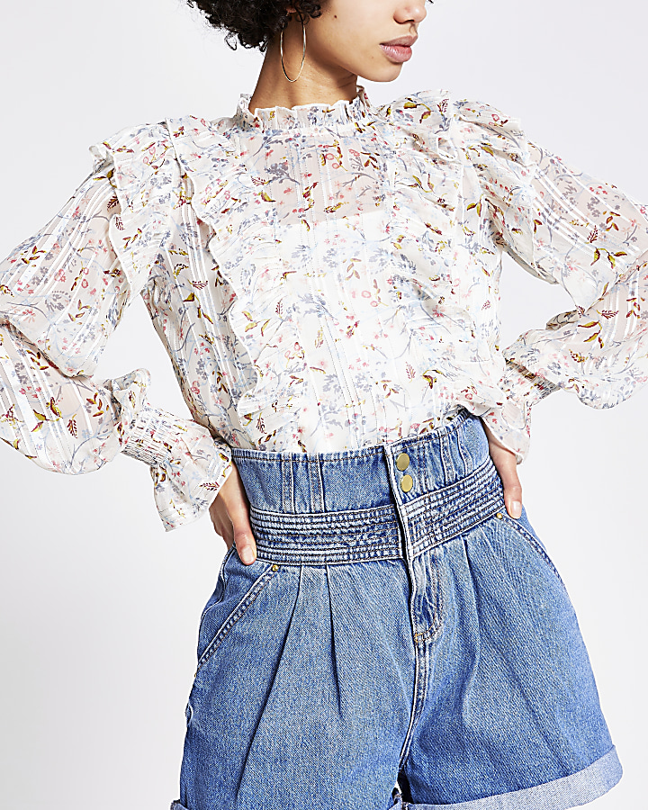 White floral frill long sleeve blouse