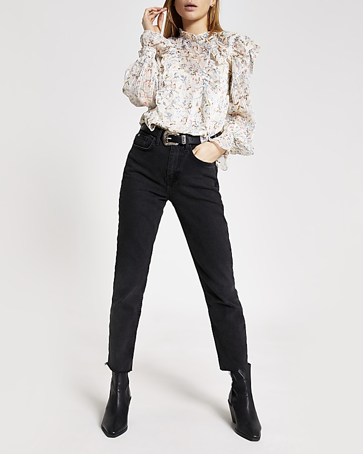 White floral frill long sleeve blouse