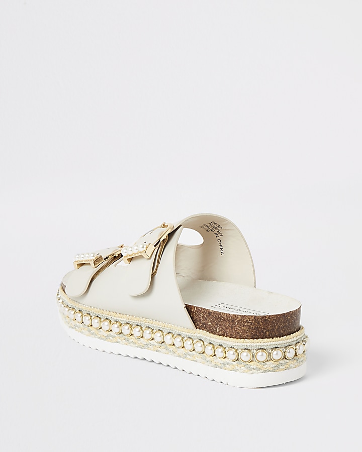 Cream pearl embellished flatform sandals