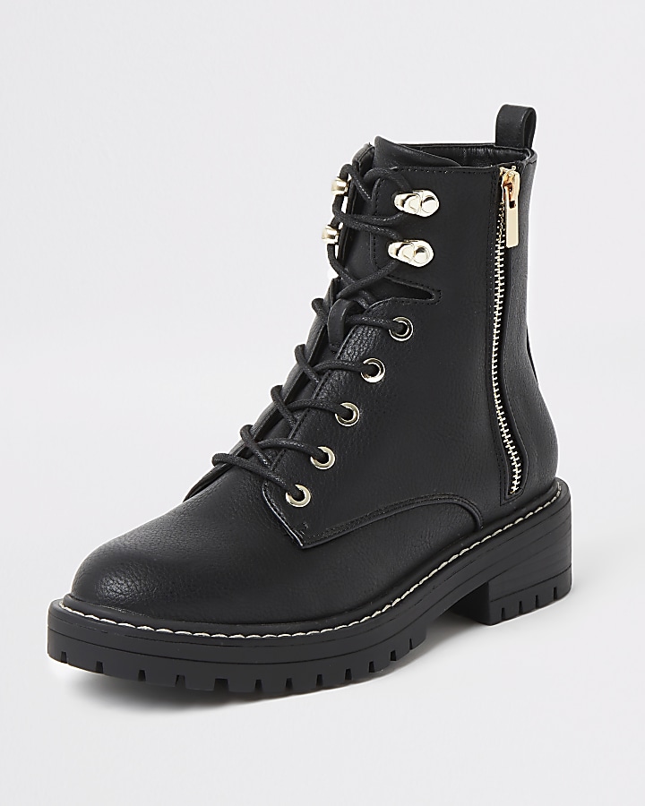 Black lace-up chunky ankle boots
