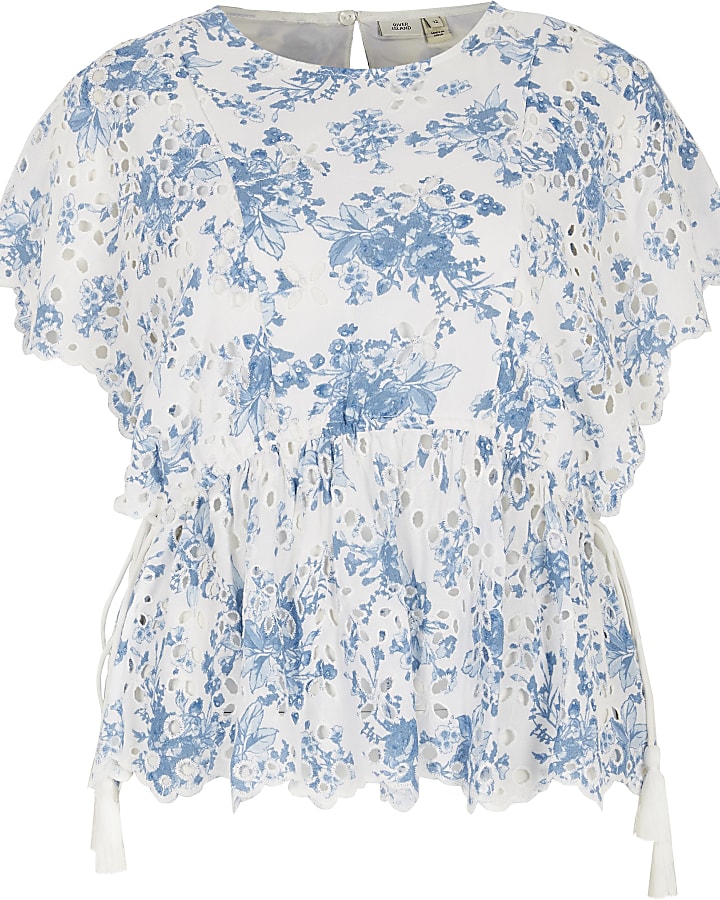 Blue floral embroidered waisted top