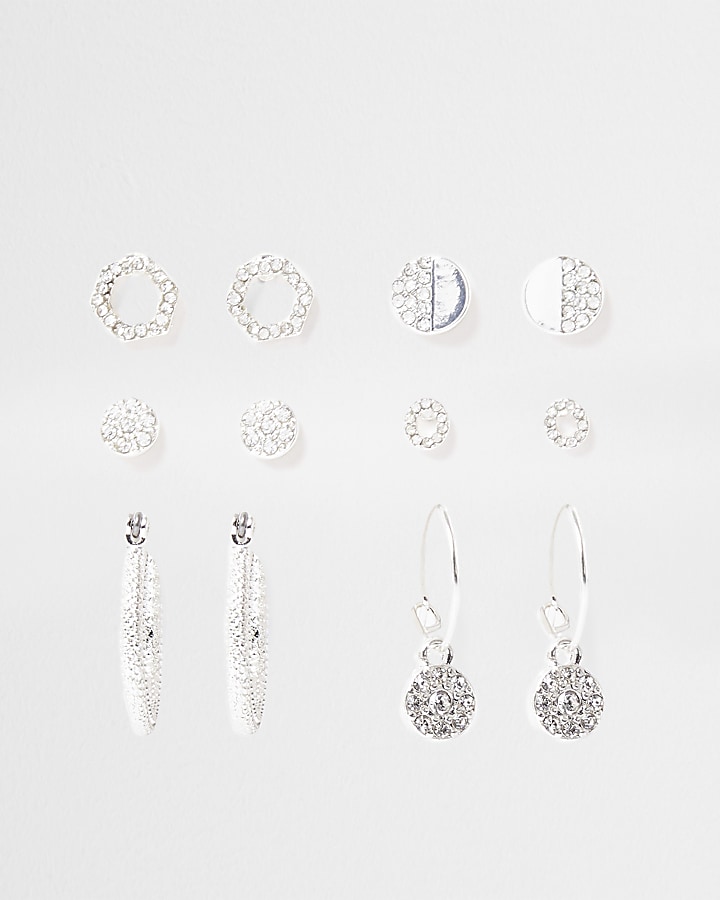 Silver colour diamante earring 6 pack