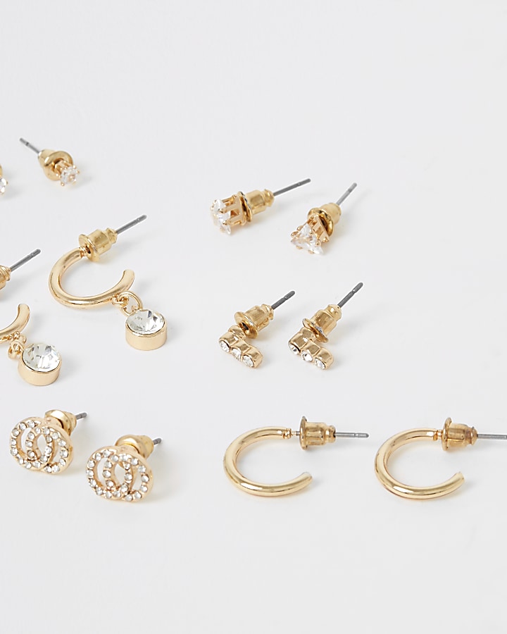 Gold colour diamante stud earrings 6 pack
