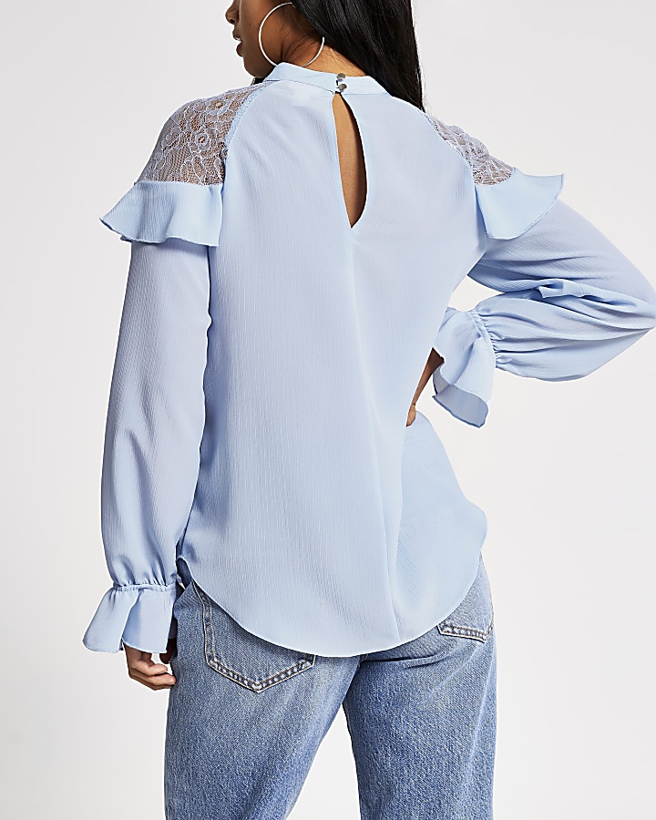 Petite blue lace frill shoulder blouse
