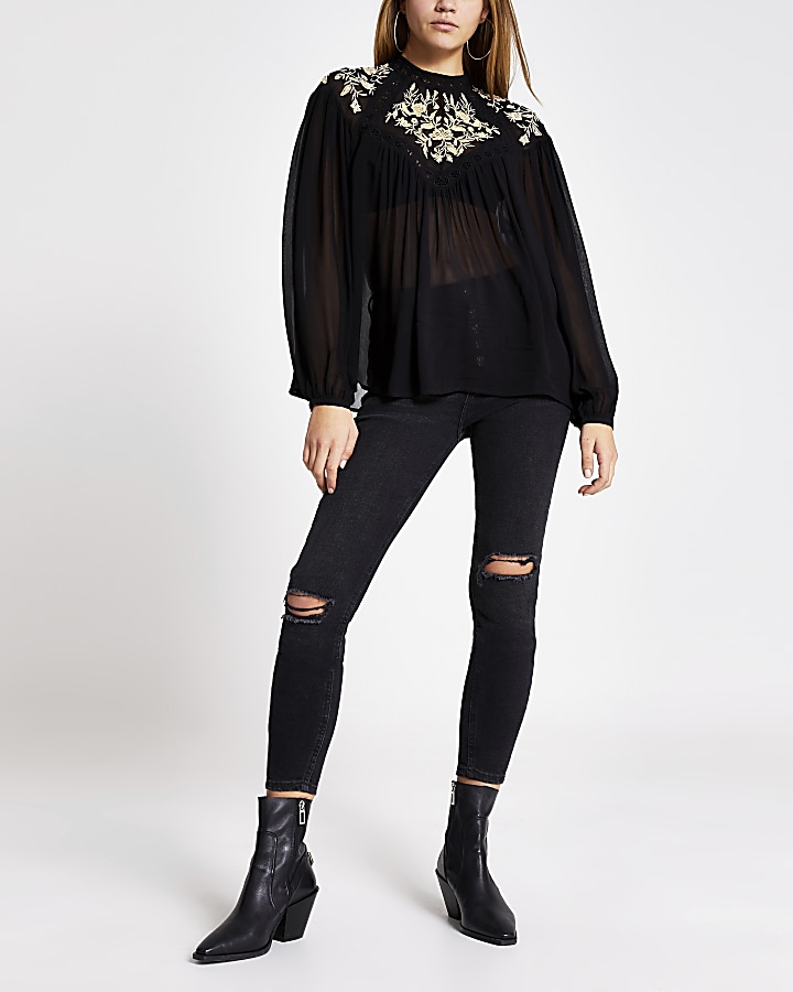 Black embroidered long sleeve sheer blouse