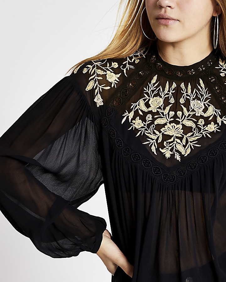 Black embroidered long sleeve sheer blouse