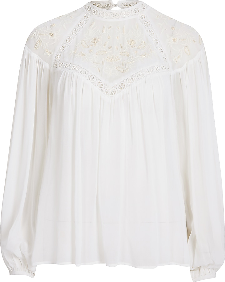 Cream embroidered high neck blouse