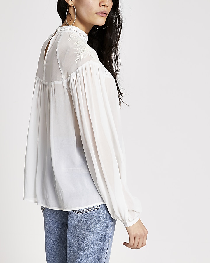 Cream embroidered high neck blouse
