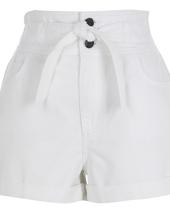 White paperbag tie waist denim shorts