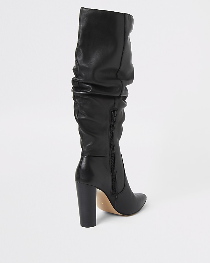 Black leather slouch heel boot