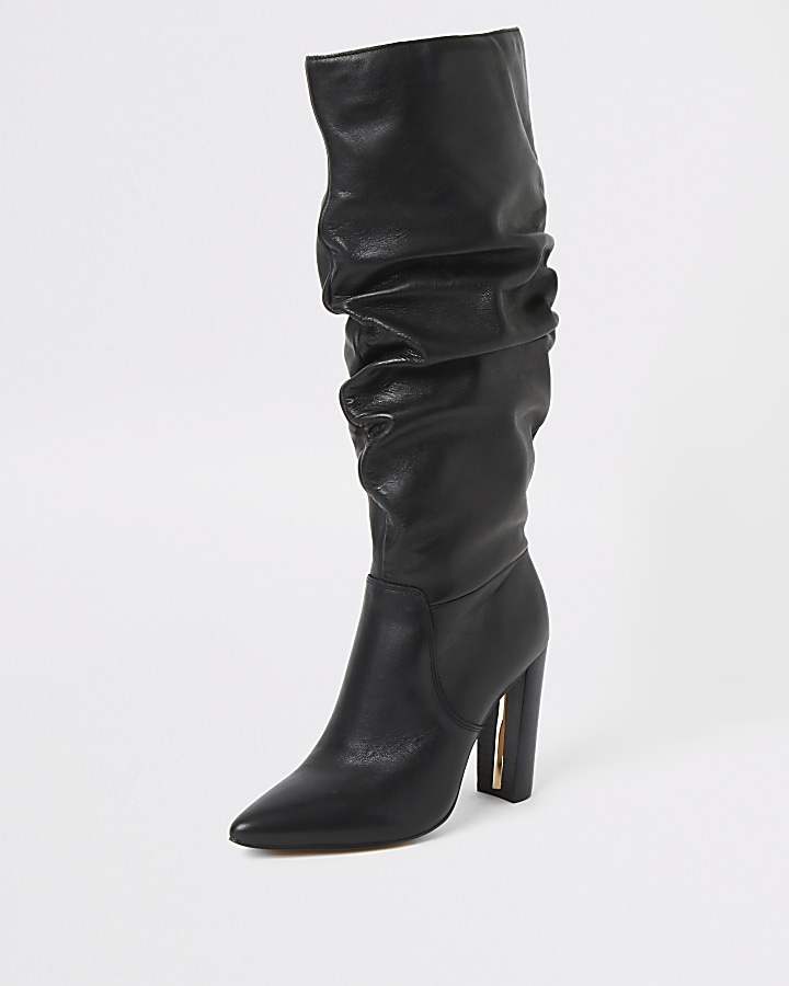 Black leather slouch heel boot