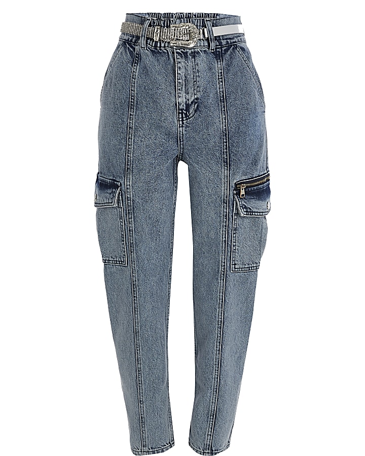 Blue acid wash zip pocket belted denim jeans