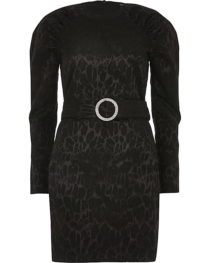 Black leopard print puff sleeve mini dress