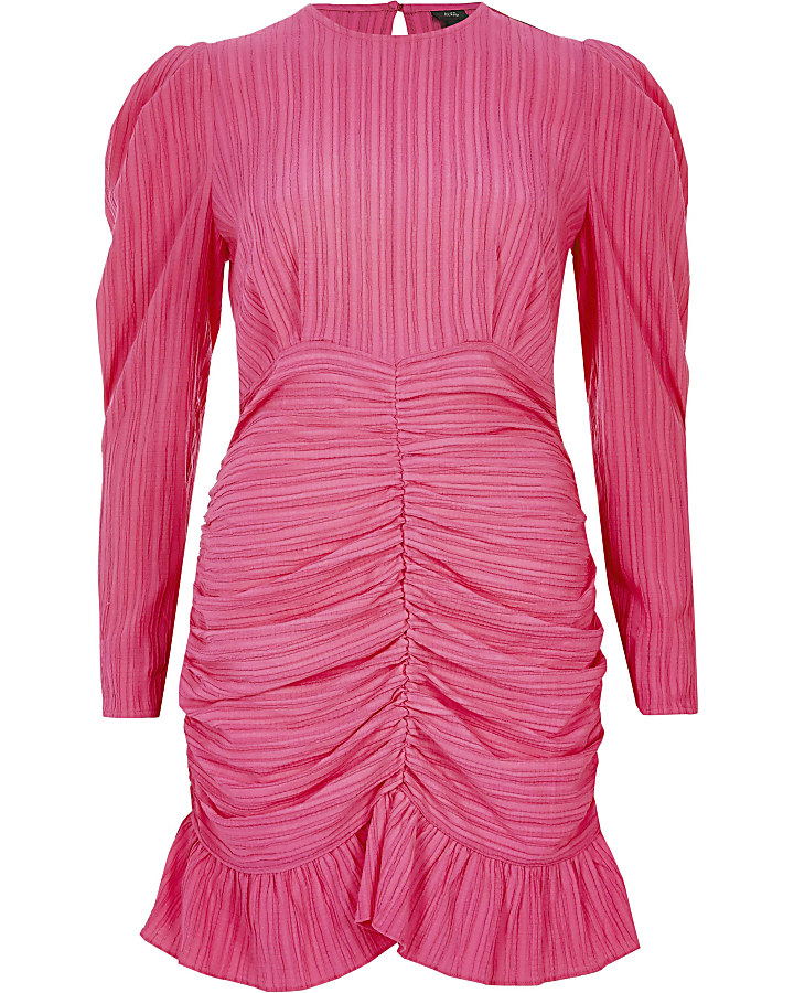 Pink textured long sleeve ruched mini dress