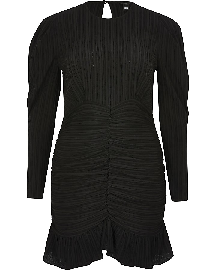 Black textured long sleeve ruched mini dress