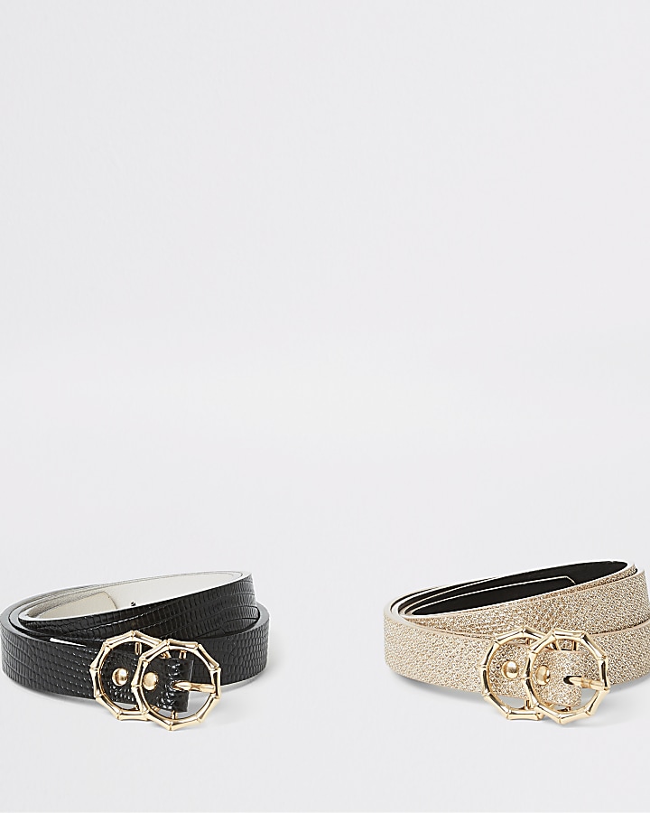 Black textured double ring belt 2 pack