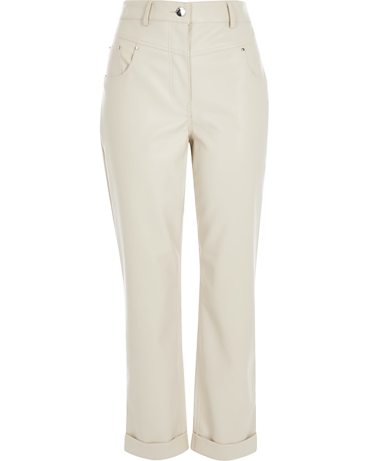 Cream faux leather Mom trousers