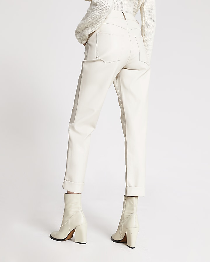 Cream faux leather Mom trousers