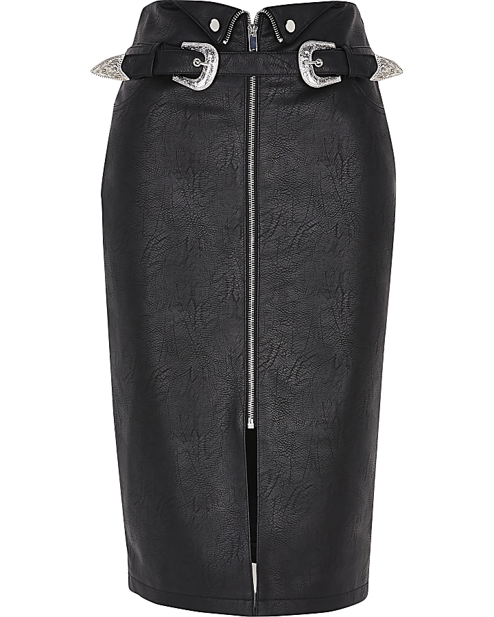 Black faux leather zip belted pencil skirt