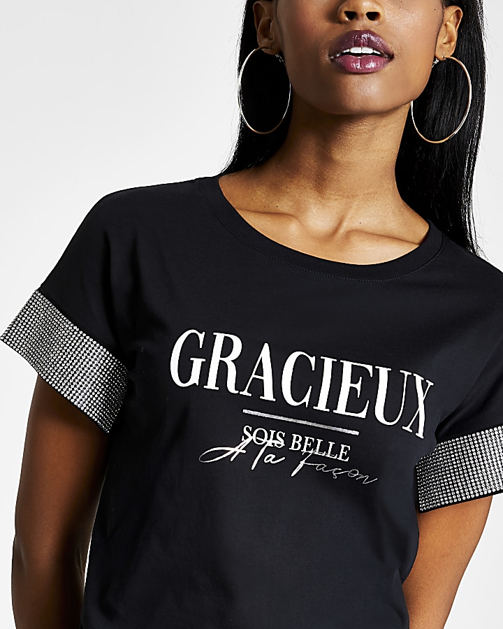 Black 'Gracieux' diamante sleeve T-shirt