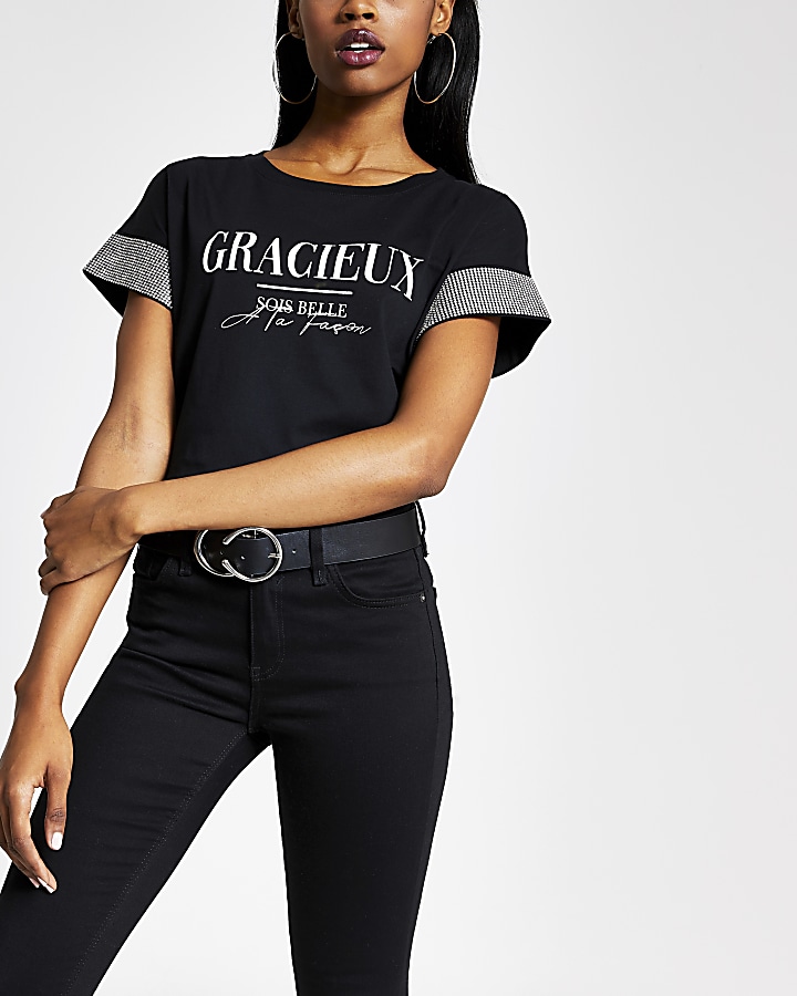 Black 'Gracieux' diamante sleeve T-shirt