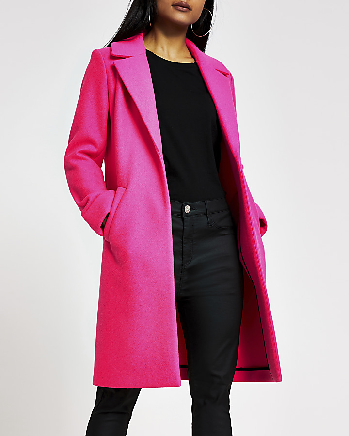 Petite pink single breasted longline coat