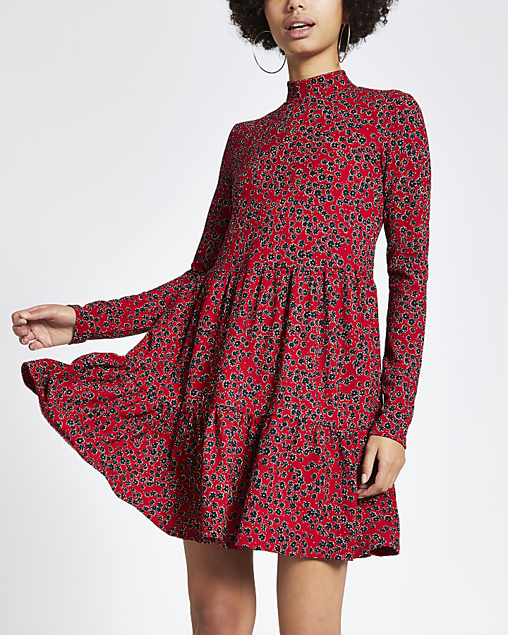 Red floral printed jersey mini smock dress