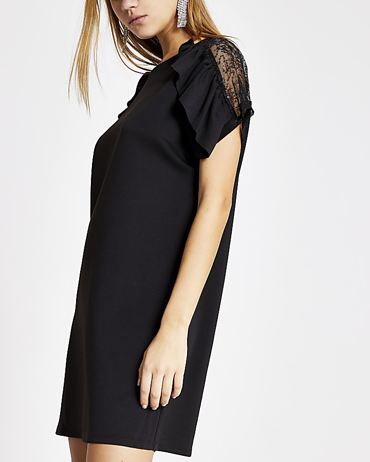 Black ruffle lace short sleeve dress