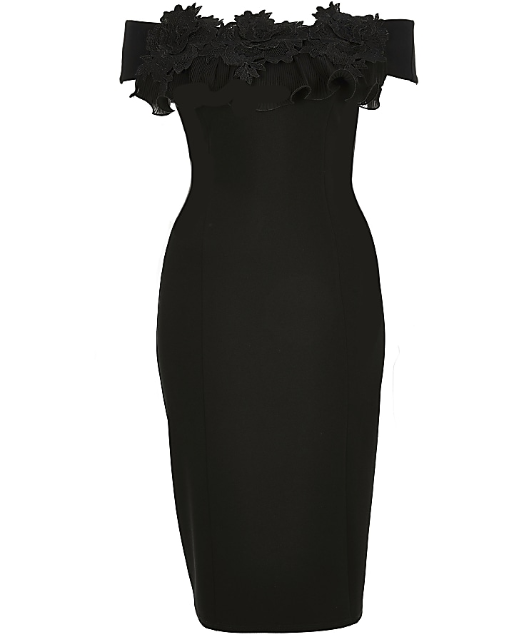 Black lace frill bardot bodycon midi dress