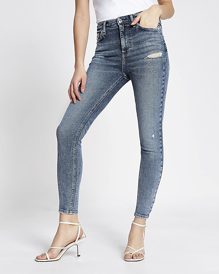 Blue ripped high rise skinny jeans