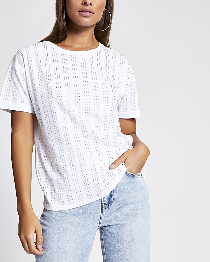 White diamante stripe loose fit T-shirt