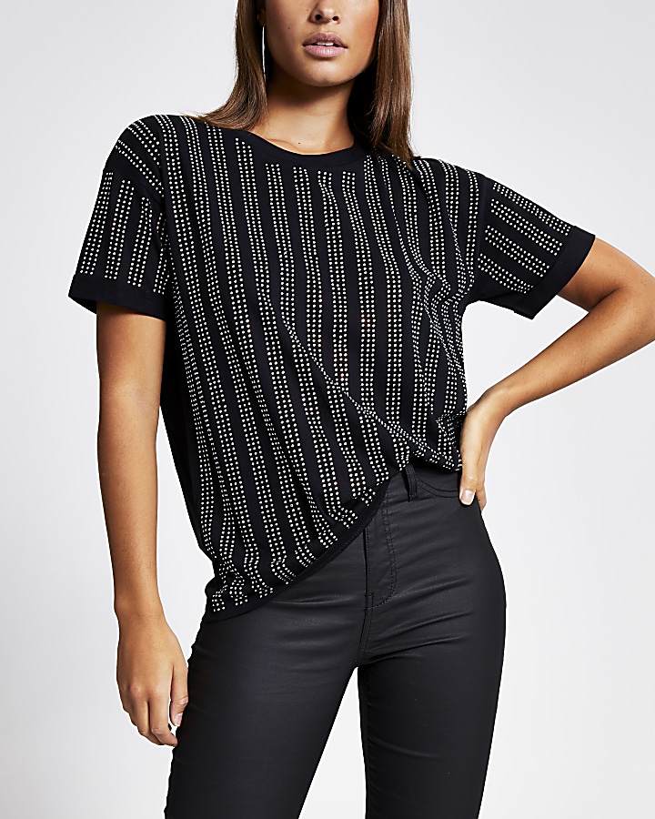 Black diamante stripe loose fit T-shirt
