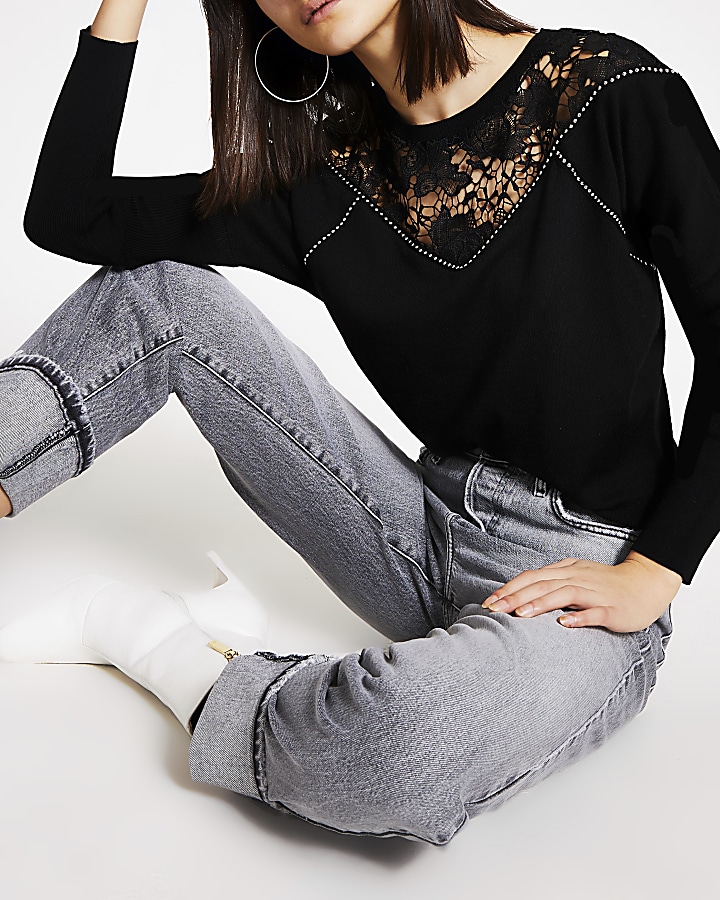 Black broderie studded knitted top
