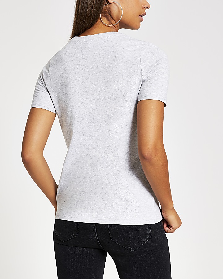 Grey embellished bow print T-shirt