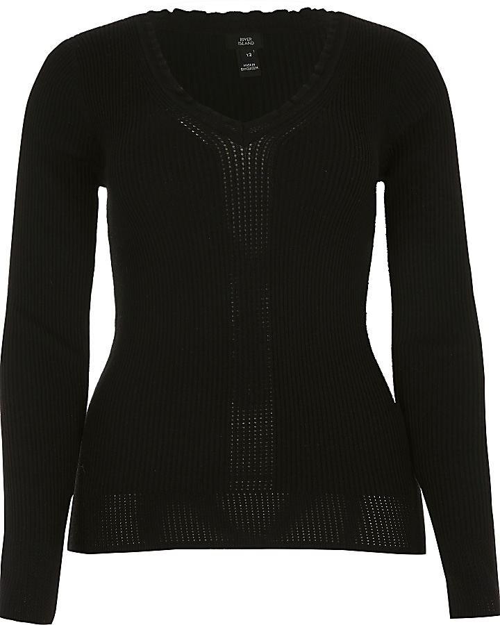 Black frill V neck rib knitted jumper