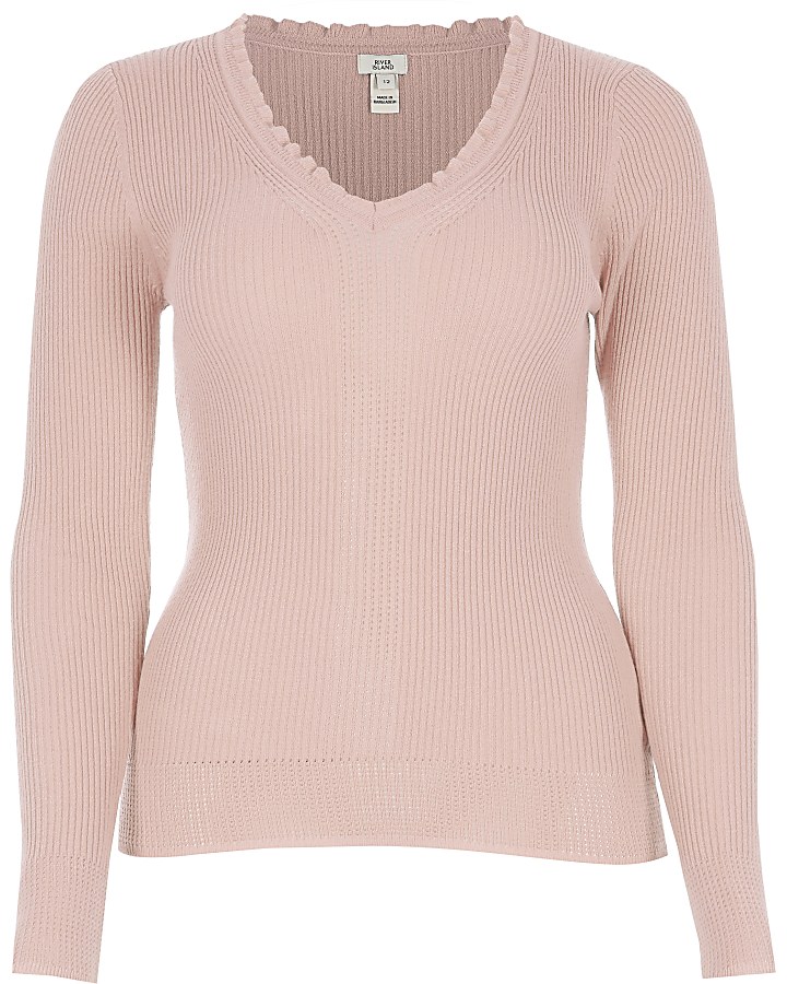Light pink frill V neck rib knitted jumper